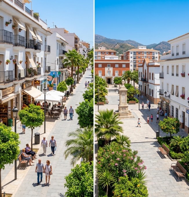 Vistas de las calles peatonales, plazas y edificios residenciales del barrio de El Calvario en Torremolinos, Málaga